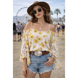 Y2K Boho Festival Yellow Floral Lace Sleeve Top Size Small